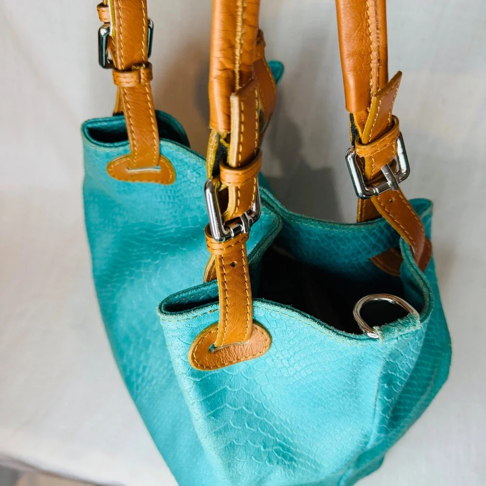 Borse in Pelle Italian Turquoise Snakeskin Embossed Leather Tote Shoulder Bag